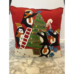 Vintage Pier 1 Christmas Throw Pillow Penguins Decoration Tree Red Green